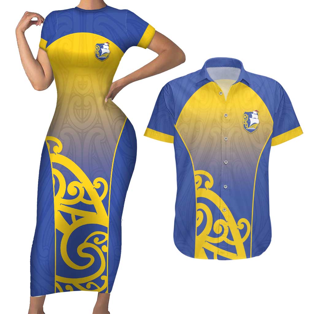 Custom James Cook High School Couples Matching Short Sleeve Bodycon Dress and Hawaiian Shirt Maori Koru Pattern LT05 Blue - Polynesian Pride