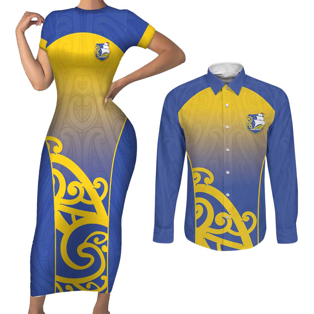Custom James Cook High School Couples Matching Short Sleeve Bodycon Dress and Long Sleeve Button Shirt Maori Koru Pattern