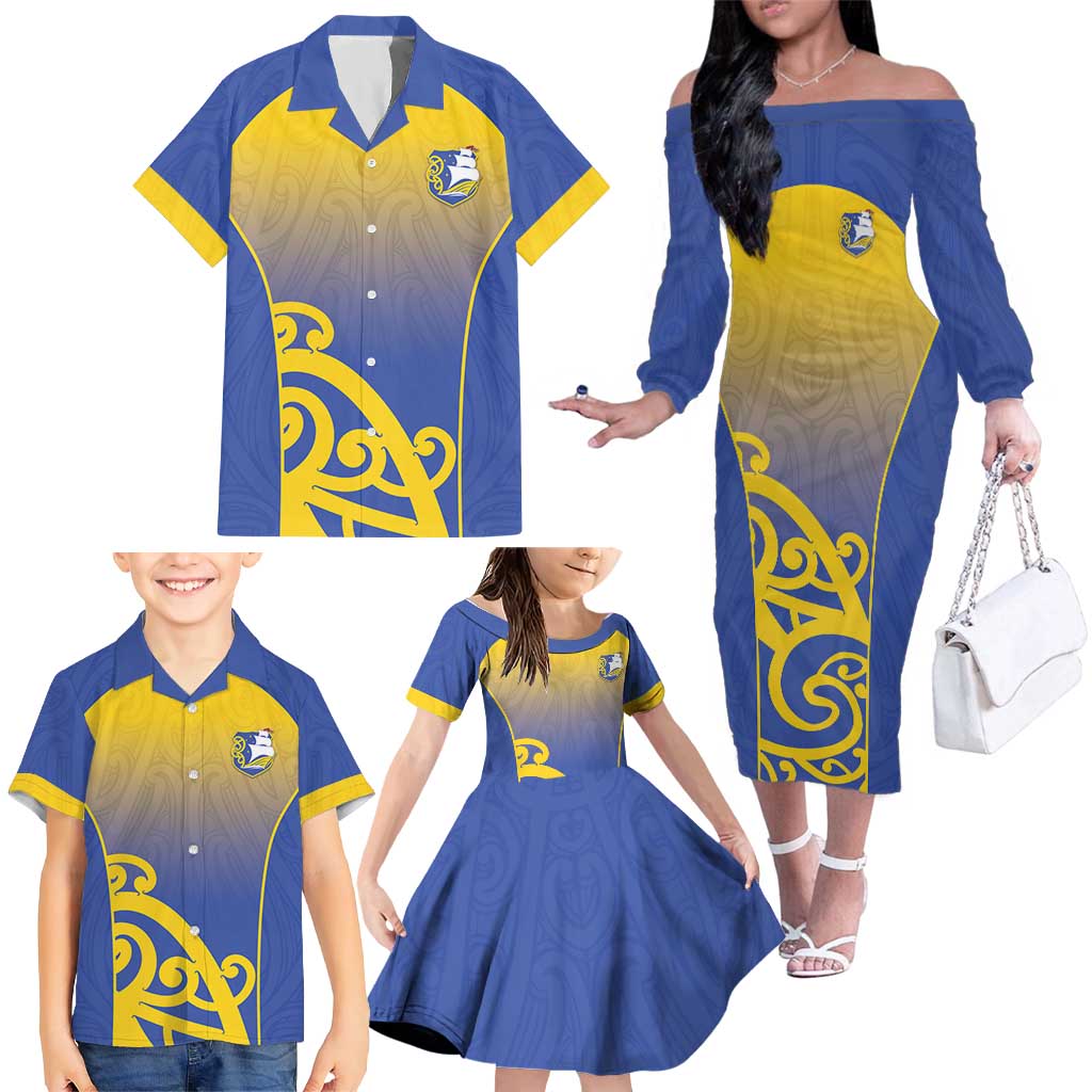 Custom James Cook High School Family Matching Off The Shoulder Long Sleeve Dress and Hawaiian Shirt Maori Koru Pattern