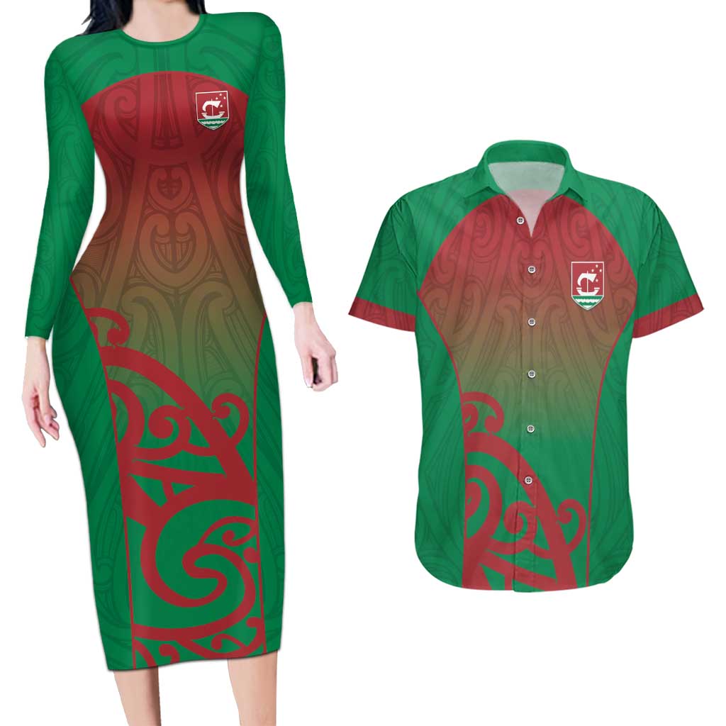 Custom Onehunga High School Couples Matching Long Sleeve Bodycon Dress and Hawaiian Shirt Maori Koru Pattern LT05 Green - Polynesian Pride