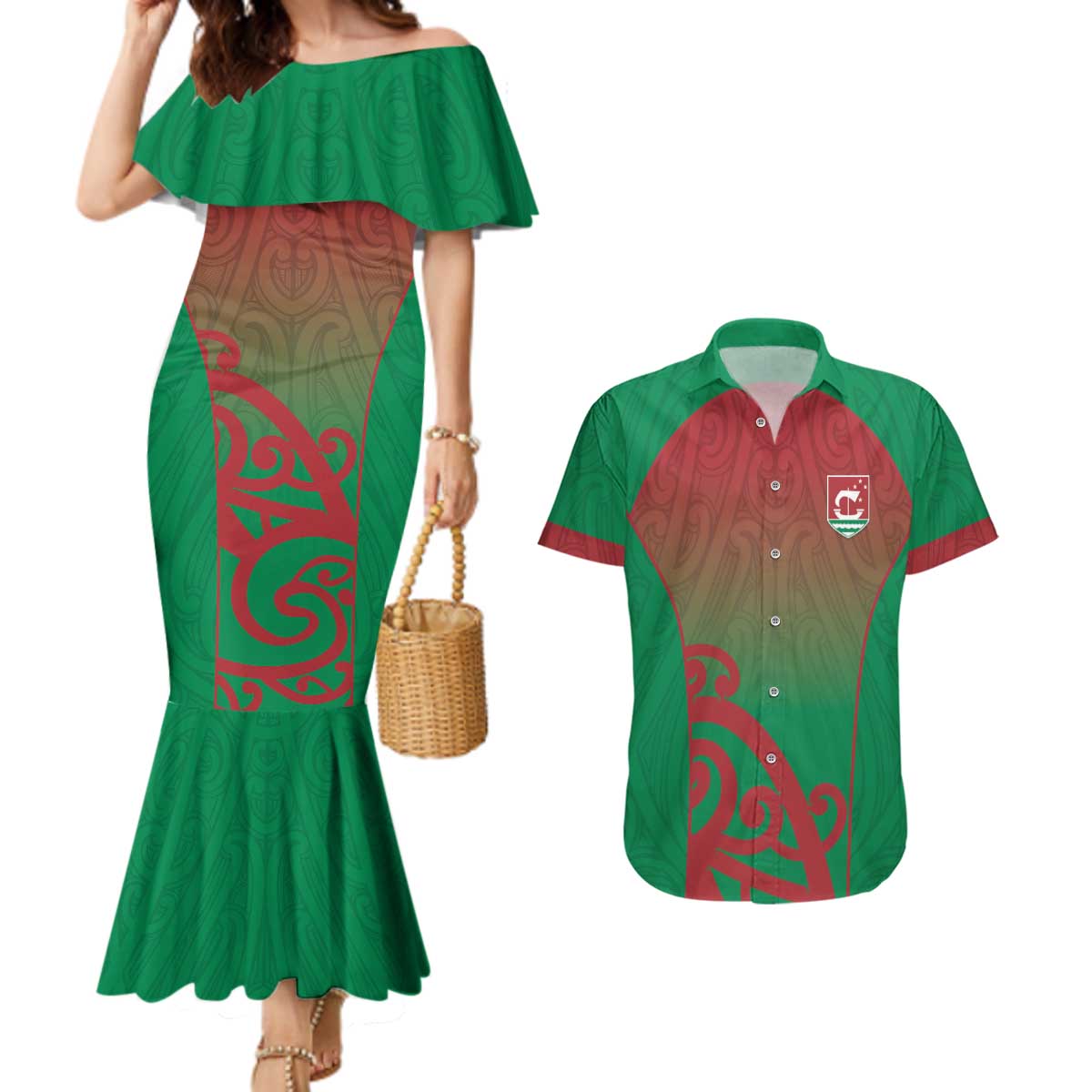 Custom Onehunga High School Couples Matching Mermaid Dress and Hawaiian Shirt Maori Koru Pattern LT05 Green - Polynesian Pride