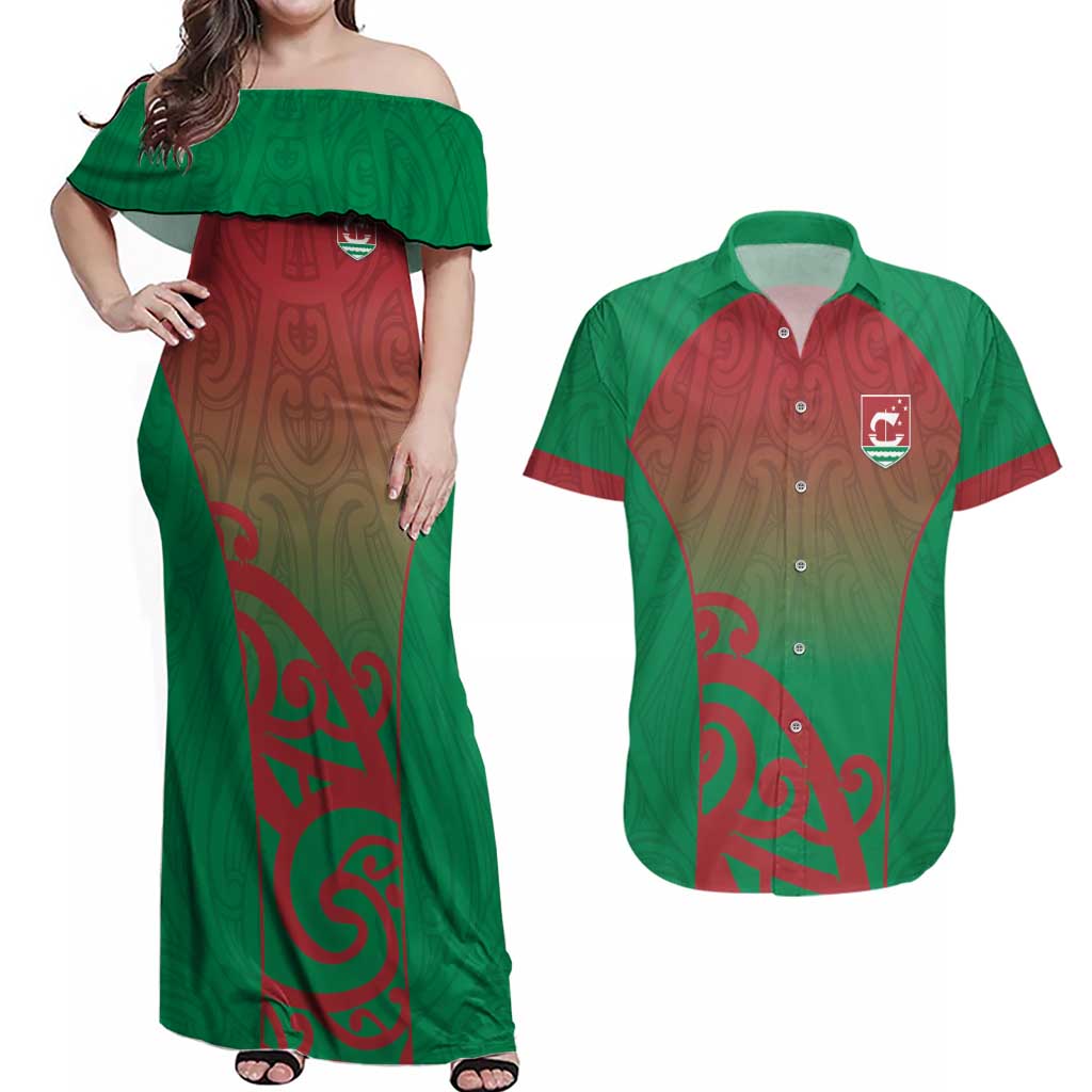 Custom Onehunga High School Couples Matching Off Shoulder Maxi Dress and Hawaiian Shirt Maori Koru Pattern LT05 Green - Polynesian Pride
