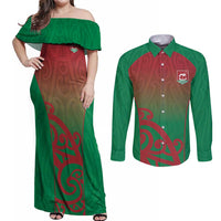 Custom Onehunga High School Couples Matching Off Shoulder Maxi Dress and Long Sleeve Button Shirt Maori Koru Pattern
