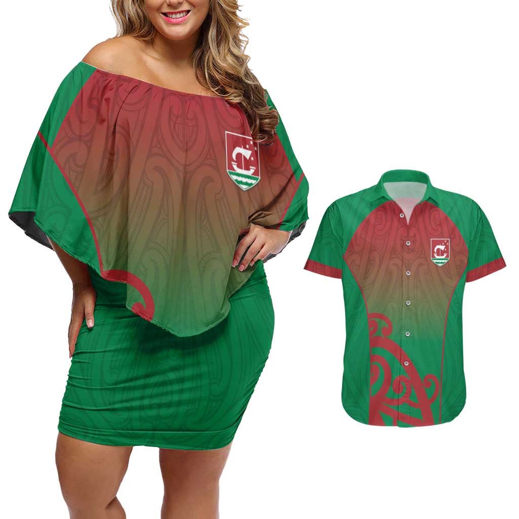 Custom Onehunga High School Couples Matching Off Shoulder Short Dress and Hawaiian Shirt Maori Koru Pattern LT05 Green - Polynesian Pride