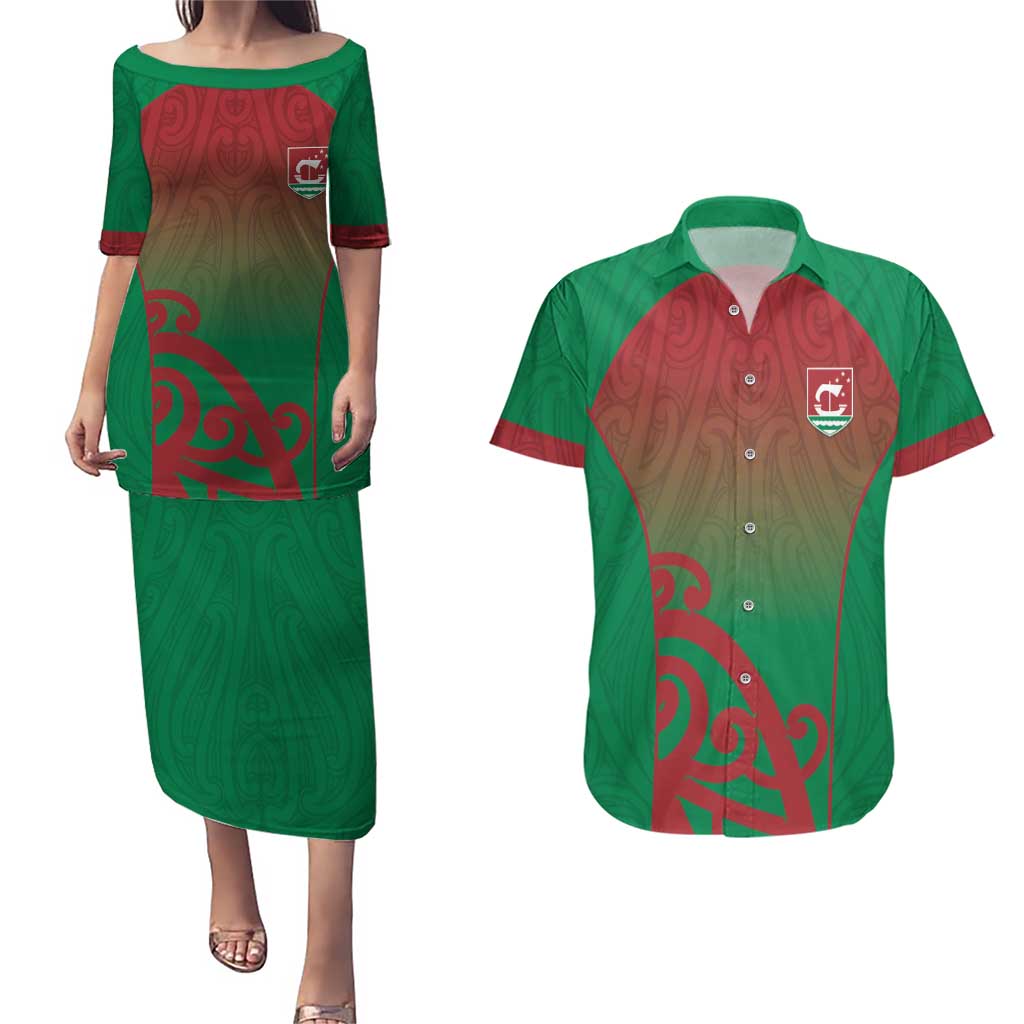 Custom Onehunga High School Couples Matching Puletasi and Hawaiian Shirt Maori Koru Pattern LT05 Green - Polynesian Pride