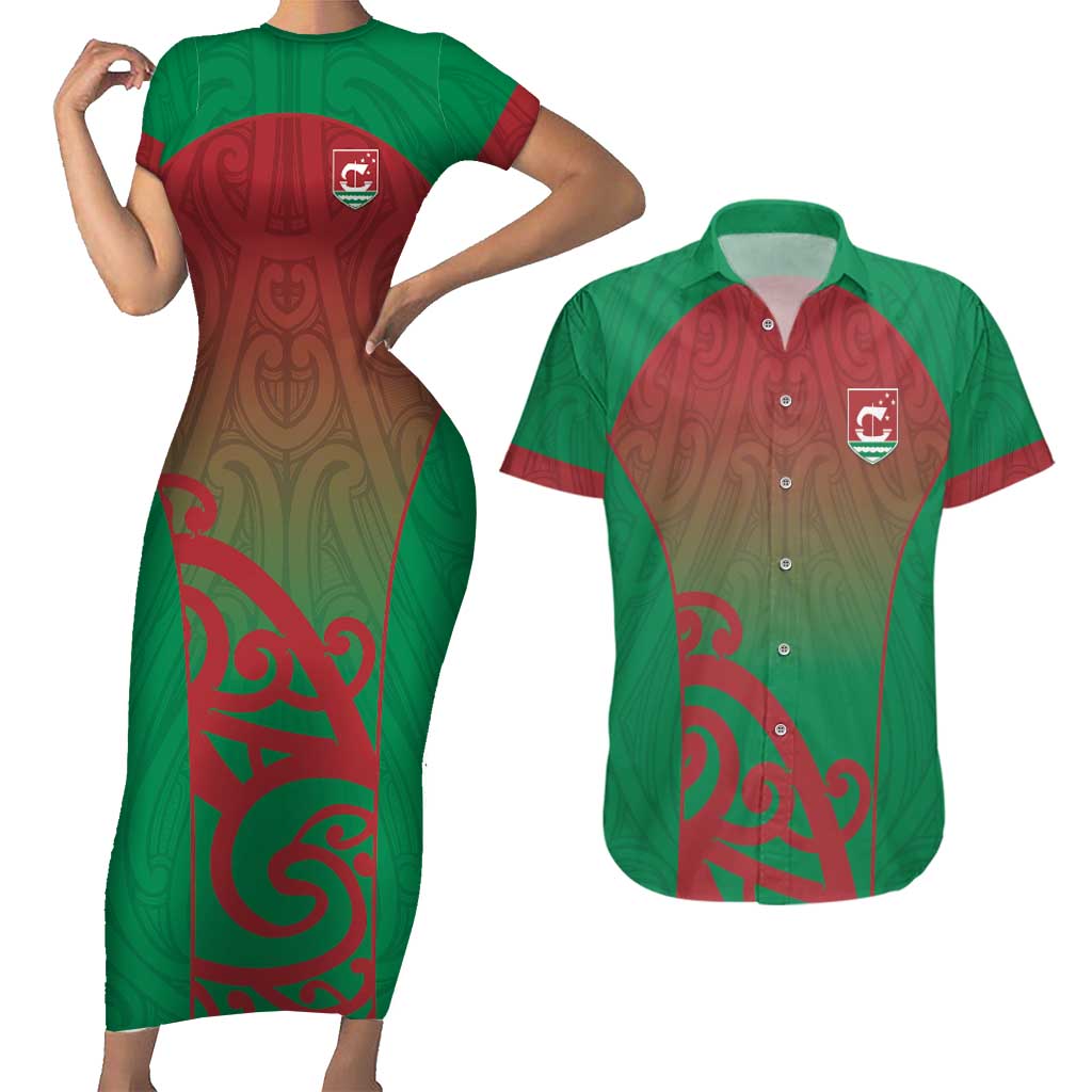 Custom Onehunga High School Couples Matching Short Sleeve Bodycon Dress and Hawaiian Shirt Maori Koru Pattern LT05 Green - Polynesian Pride