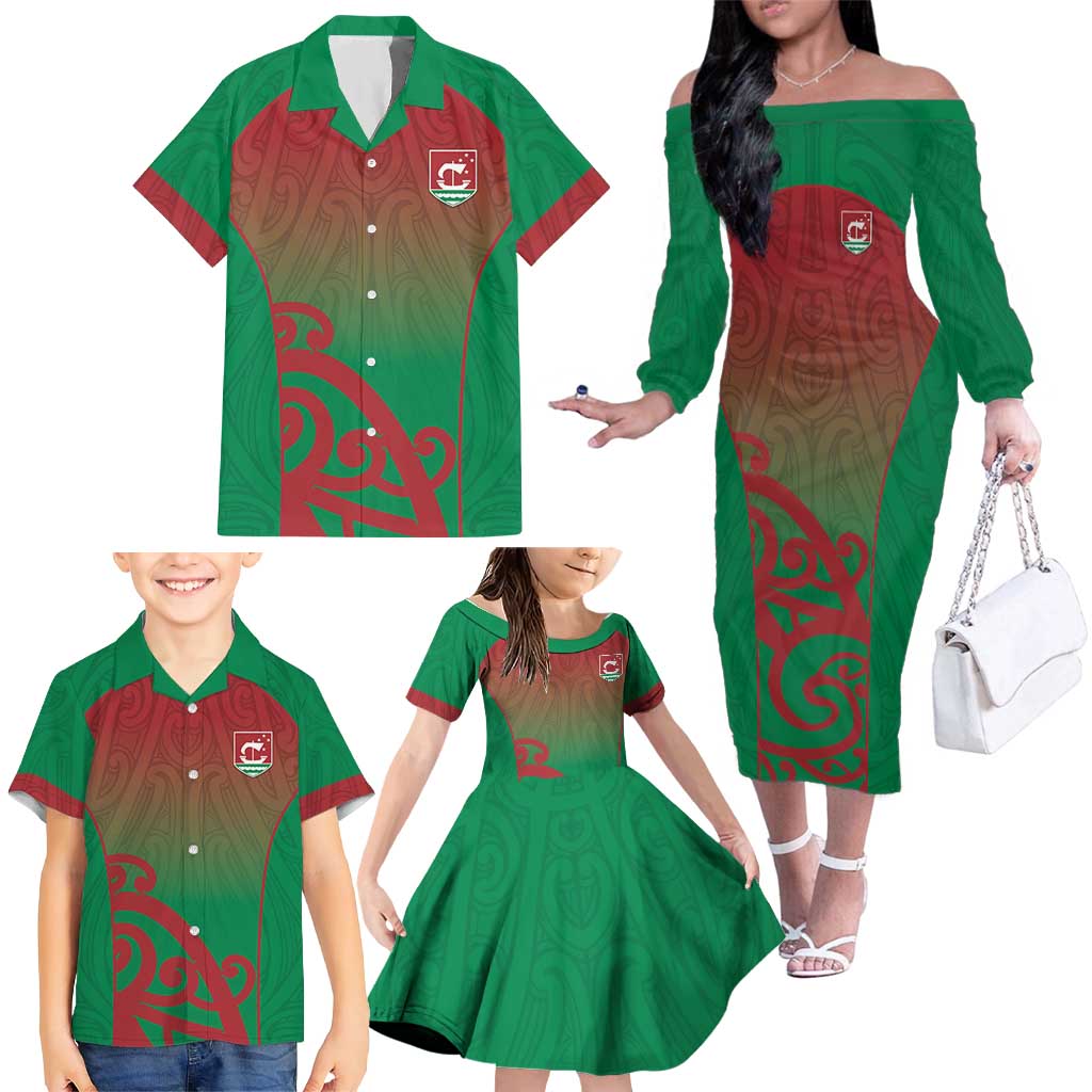 Custom Onehunga High School Family Matching Off The Shoulder Long Sleeve Dress and Hawaiian Shirt Maori Koru Pattern