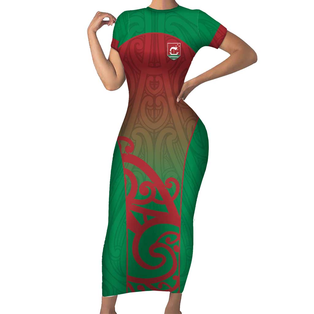 Custom Onehunga High School Short Sleeve Bodycon Dress Maori Koru Pattern LT05 Long Dress Green - Polynesian Pride