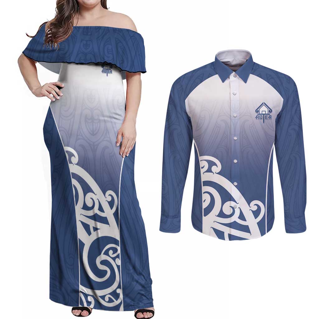 Custom New Zealand Aotea College Couples Matching Off Shoulder Maxi Dress and Long Sleeve Button Shirt Maori Koru Pattern LT05 Blue - Polynesian Pride
