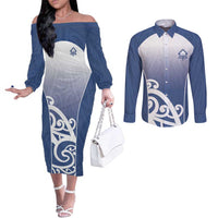 Custom New Zealand Aotea College Couples Matching Off The Shoulder Long Sleeve Dress and Long Sleeve Button Shirt Maori Koru Pattern LT05 Blue - Polynesian Pride
