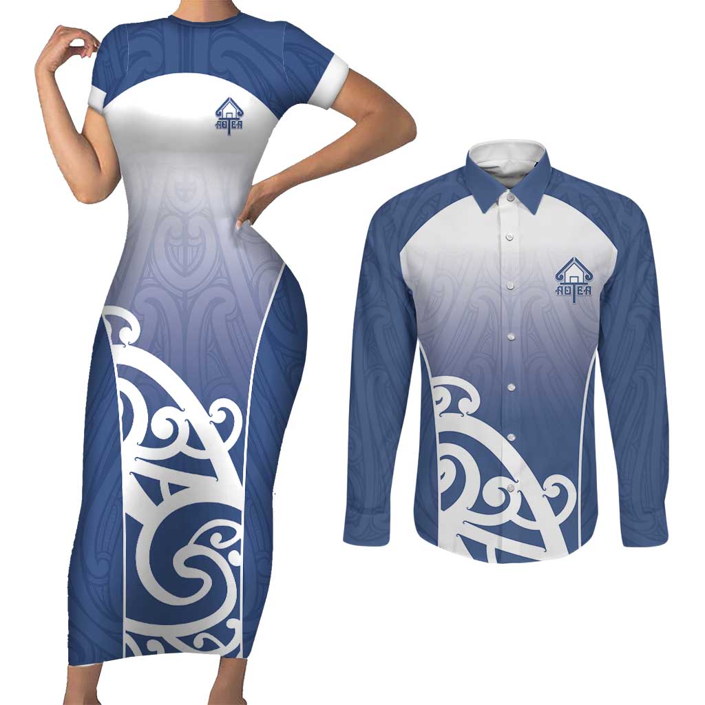 Custom New Zealand Aotea College Couples Matching Short Sleeve Bodycon Dress and Long Sleeve Button Shirt Maori Koru Pattern