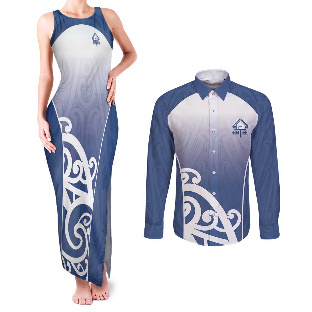 Custom New Zealand Aotea College Couples Matching Tank Maxi Dress and Long Sleeve Button Shirt Maori Koru Pattern