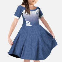 Custom New Zealand Aotea College Family Matching Off The Shoulder Long Sleeve Dress and Hawaiian Shirt Maori Koru Pattern LT05 Daughter's Dress Blue - Polynesian Pride