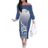 Custom New Zealand Aotea College Family Matching Off The Shoulder Long Sleeve Dress and Hawaiian Shirt Maori Koru Pattern LT05 Mom's Dress Blue - Polynesian Pride