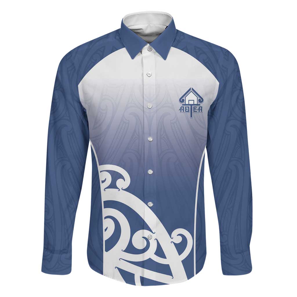 Custom New Zealand Aotea College Family Matching Off Shoulder Maxi Dress and Hawaiian Shirt Maori Koru Pattern LT05 Dad's Shirt - Long Sleeve Blue - Polynesian Pride