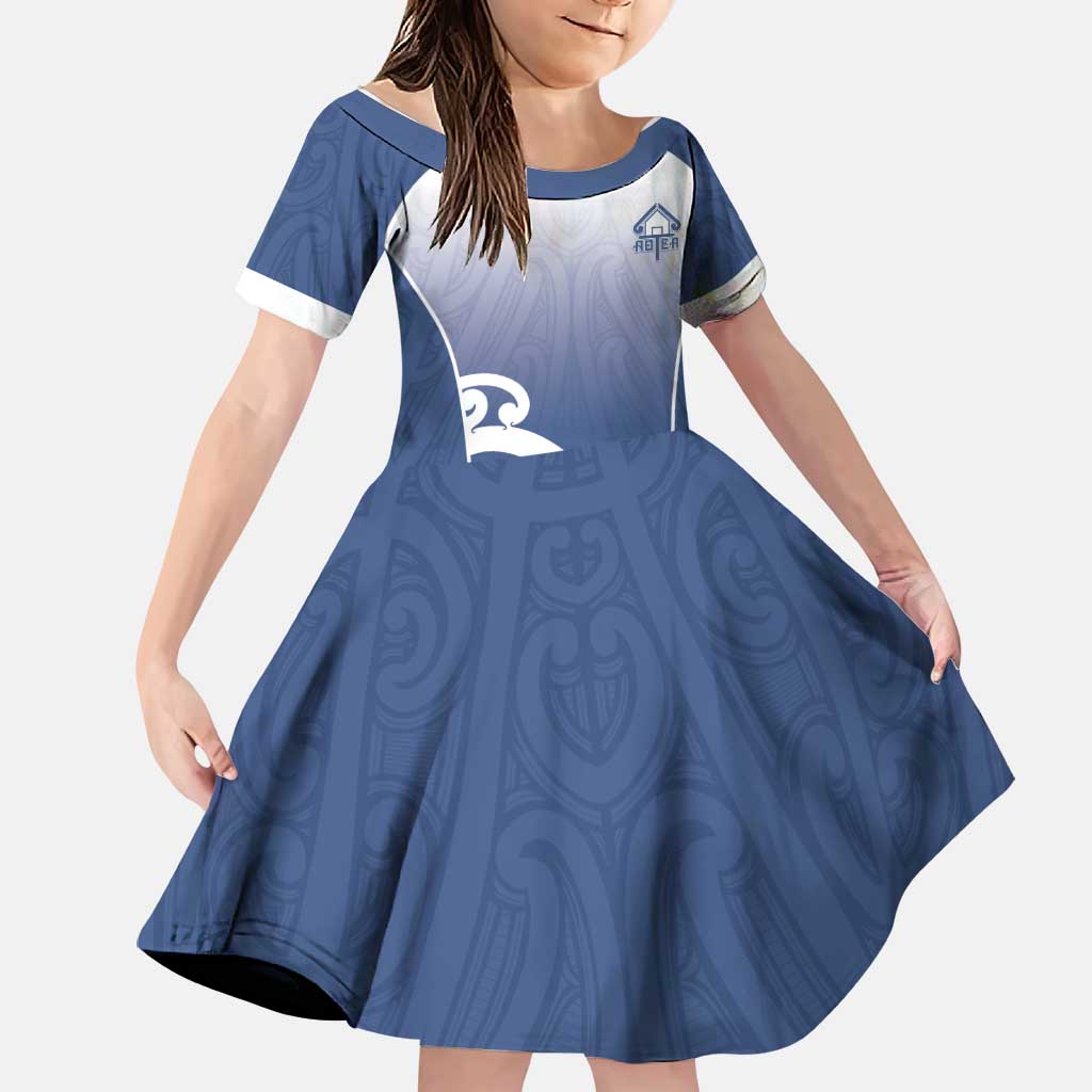 Custom New Zealand Aotea College Family Matching Short Sleeve Bodycon Dress and Hawaiian Shirt Maori Koru Pattern LT05 Daughter's Dress Blue - Polynesian Pride