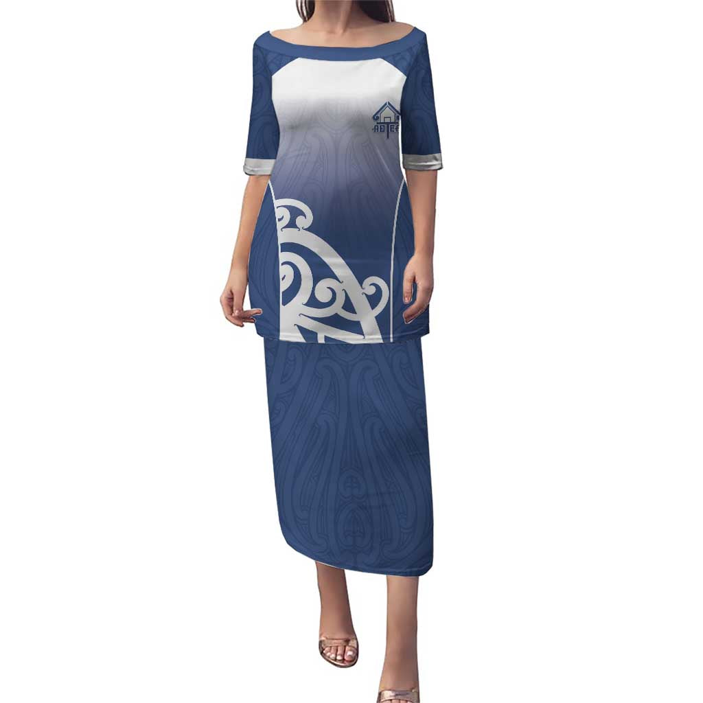 Custom New Zealand Aotea College Puletasi Maori Koru Pattern LT05 Long Dress Blue - Polynesian Pride