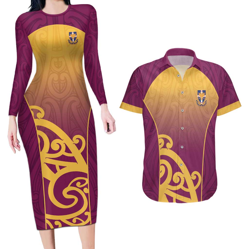 Custom Waiuku College Couples Matching Long Sleeve Bodycon Dress and Hawaiian Shirt Maori Koru Pattern