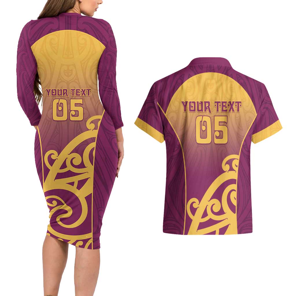 Custom Waiuku College Couples Matching Long Sleeve Bodycon Dress and Hawaiian Shirt Maori Koru Pattern