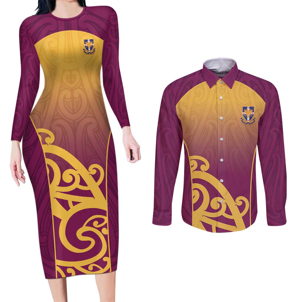 Custom Waiuku College Couples Matching Long Sleeve Bodycon Dress and Long Sleeve Button Shirt Maori Koru Pattern