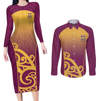 Custom Waiuku College Couples Matching Long Sleeve Bodycon Dress and Long Sleeve Button Shirt Maori Koru Pattern