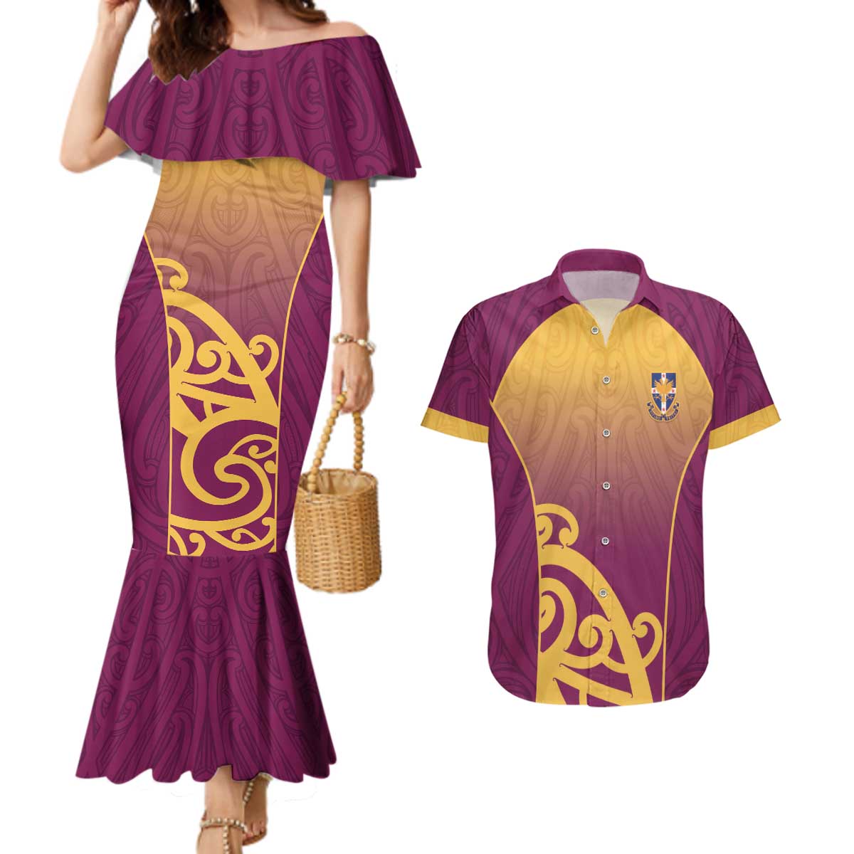 Custom Waiuku College Couples Matching Mermaid Dress and Hawaiian Shirt Maori Koru Pattern LT05 Maroon - Polynesian Pride
