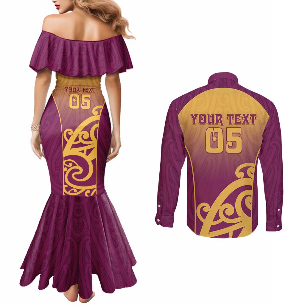 Custom Waiuku College Couples Matching Mermaid Dress and Long Sleeve Button Shirt Maori Koru Pattern