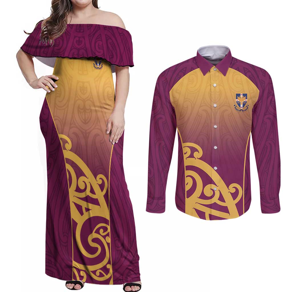 Custom Waiuku College Couples Matching Off Shoulder Maxi Dress and Long Sleeve Button Shirt Maori Koru Pattern