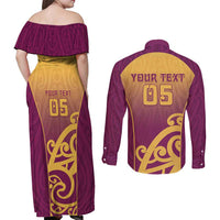 Custom Waiuku College Couples Matching Off Shoulder Maxi Dress and Long Sleeve Button Shirt Maori Koru Pattern