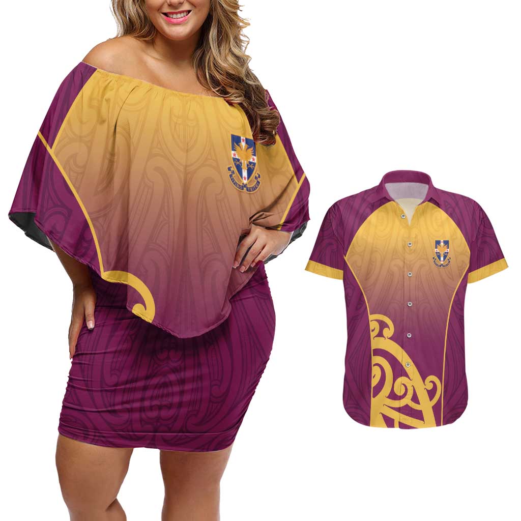 Custom Waiuku College Couples Matching Off Shoulder Short Dress and Hawaiian Shirt Maori Koru Pattern