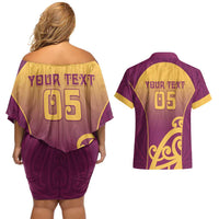 Custom Waiuku College Couples Matching Off Shoulder Short Dress and Hawaiian Shirt Maori Koru Pattern