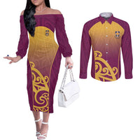 Custom Waiuku College Couples Matching Off The Shoulder Long Sleeve Dress and Long Sleeve Button Shirt Maori Koru Pattern