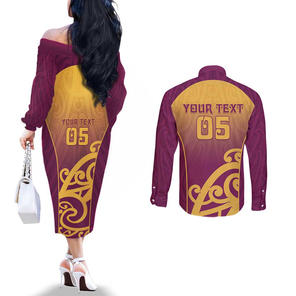 Custom Waiuku College Couples Matching Off The Shoulder Long Sleeve Dress and Long Sleeve Button Shirt Maori Koru Pattern