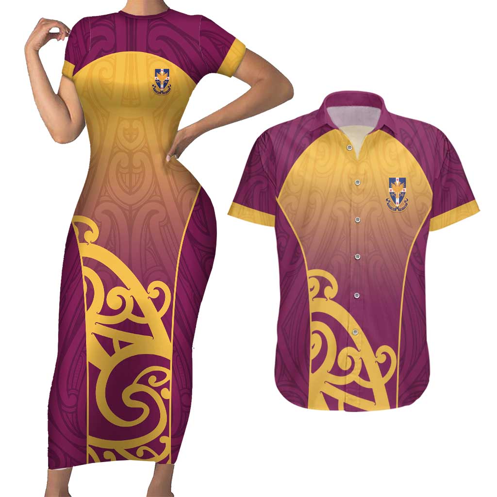 Custom Waiuku College Couples Matching Short Sleeve Bodycon Dress and Hawaiian Shirt Maori Koru Pattern LT05 Maroon - Polynesian Pride