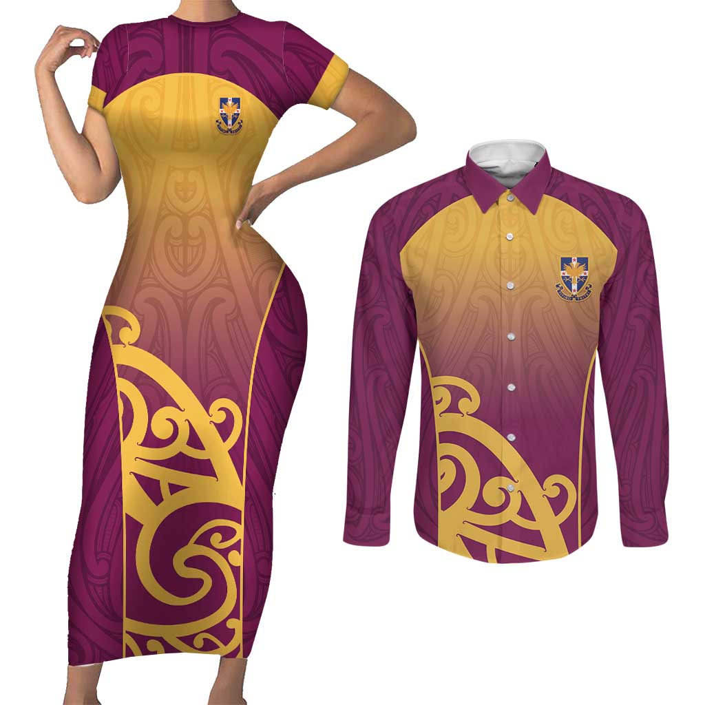Custom Waiuku College Couples Matching Short Sleeve Bodycon Dress and Long Sleeve Button Shirt Maori Koru Pattern