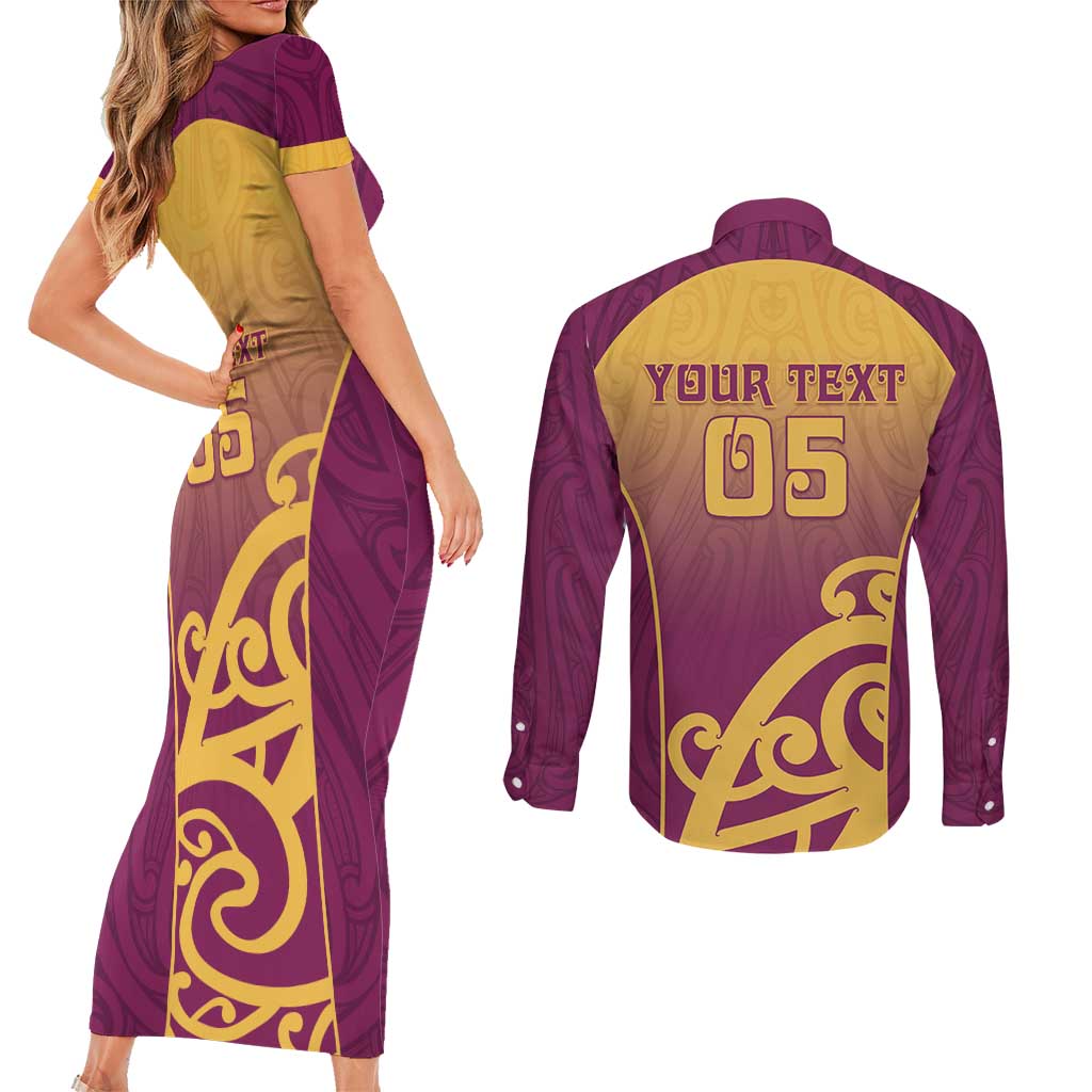 Custom Waiuku College Couples Matching Short Sleeve Bodycon Dress and Long Sleeve Button Shirt Maori Koru Pattern