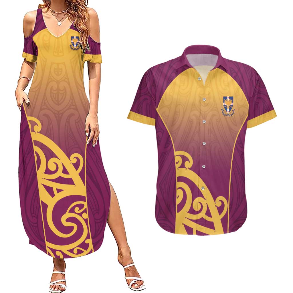 Custom Waiuku College Couples Matching Summer Maxi Dress and Hawaiian Shirt Maori Koru Pattern