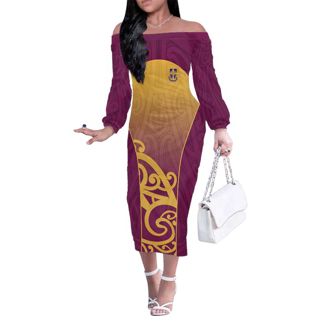 Custom Waiuku College Family Matching Off The Shoulder Long Sleeve Dress and Hawaiian Shirt Maori Koru Pattern