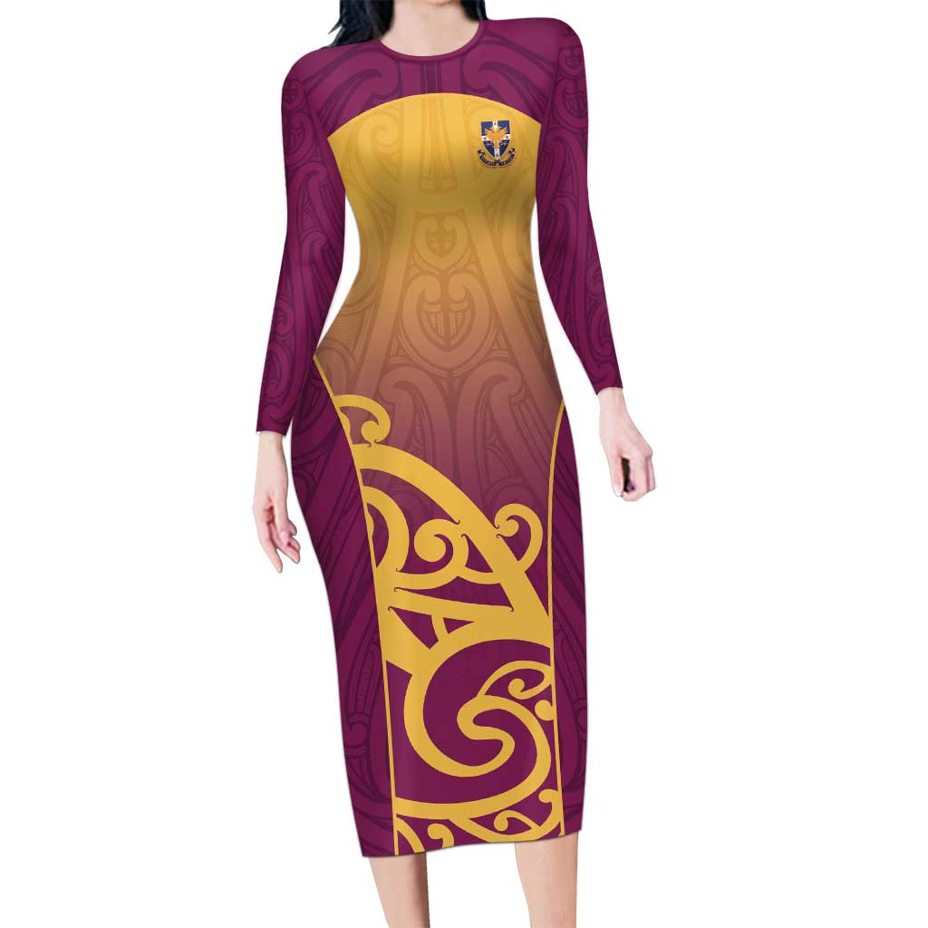Custom Waiuku College Long Sleeve Bodycon Dress Maori Koru Pattern