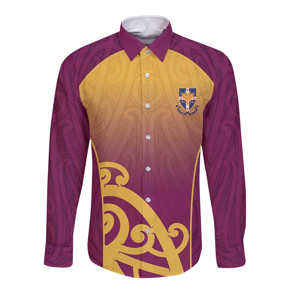 Custom Waiuku College Long Sleeve Button Shirt Maori Koru Pattern LT05 Unisex Maroon - Polynesian Pride