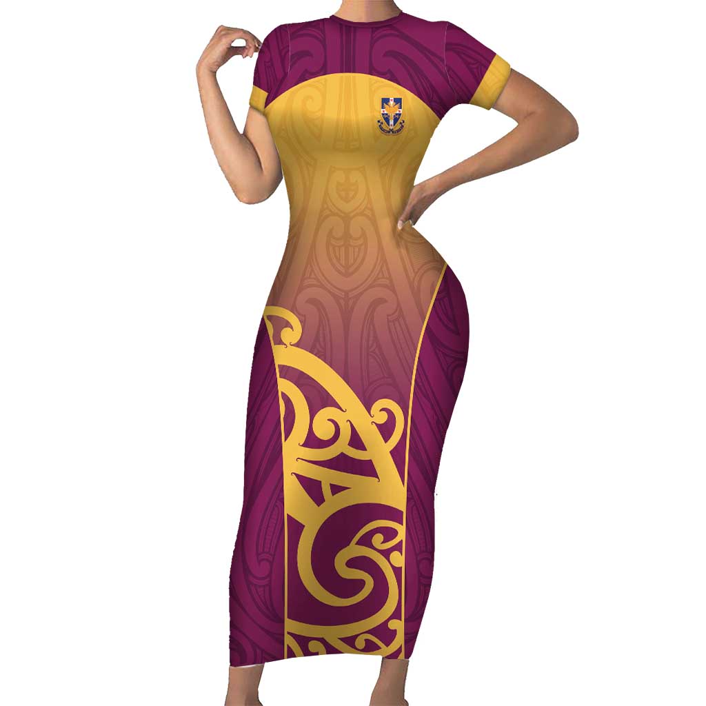 Custom Waiuku College Short Sleeve Bodycon Dress Maori Koru Pattern LT05 Long Dress Maroon - Polynesian Pride