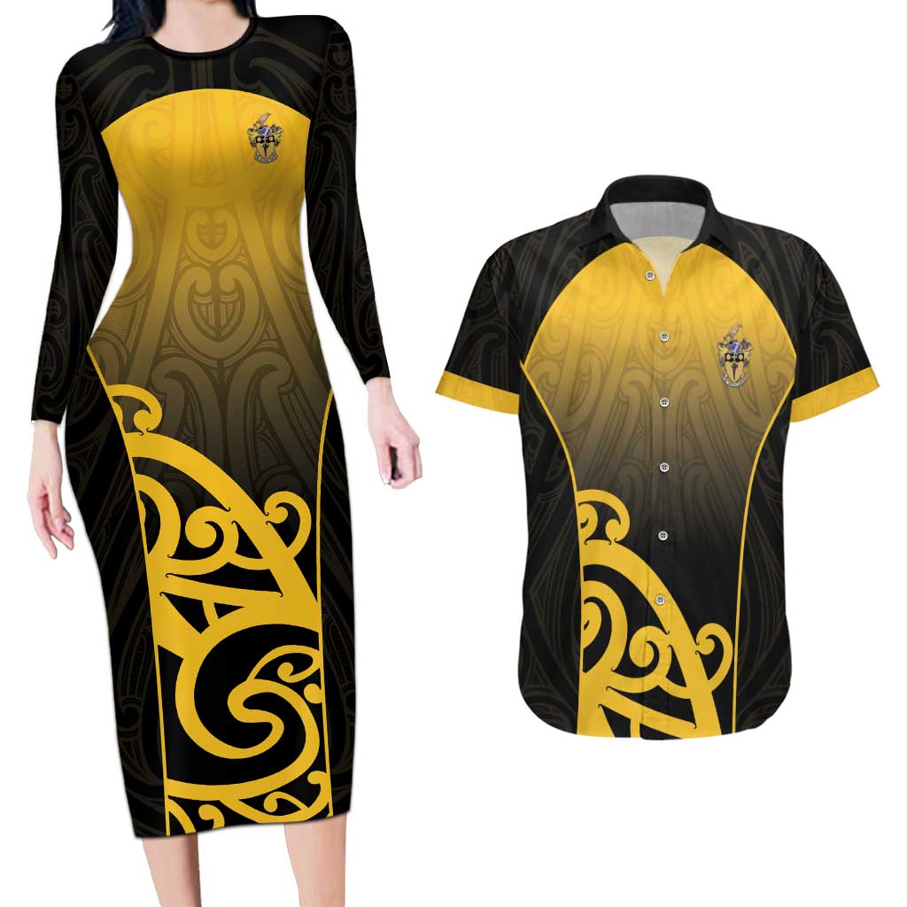 Custom Motueka High School Couples Matching Long Sleeve Bodycon Dress and Hawaiian Shirt Maori Koru Pattern