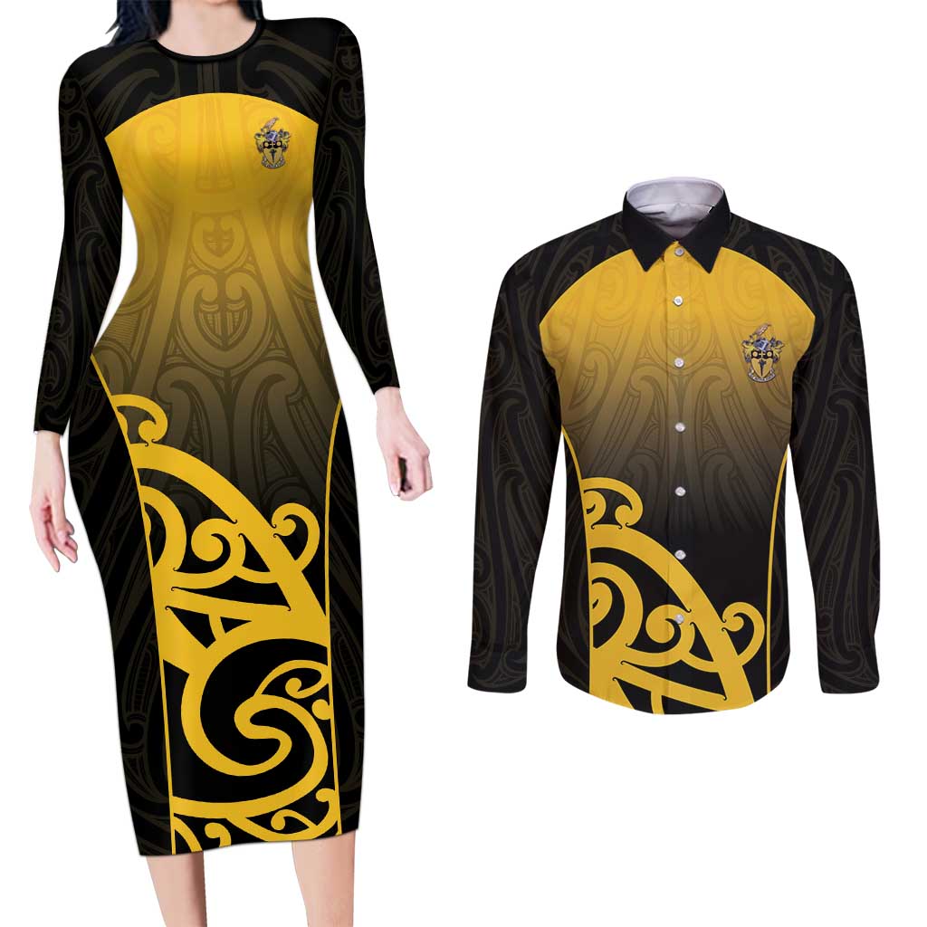 Custom Motueka High School Couples Matching Long Sleeve Bodycon Dress and Long Sleeve Button Shirt Maori Koru Pattern LT05 Black - Polynesian Pride
