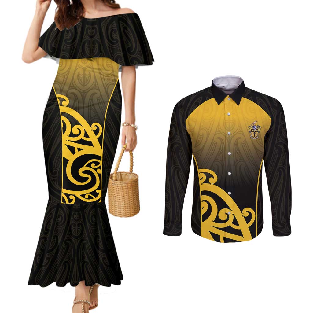 Custom Motueka High School Couples Matching Mermaid Dress and Long Sleeve Button Shirt Maori Koru Pattern LT05 Black - Polynesian Pride