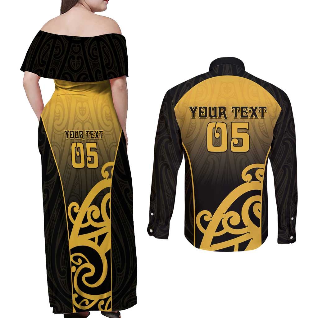 Custom Motueka High School Couples Matching Off Shoulder Maxi Dress and Long Sleeve Button Shirt Maori Koru Pattern