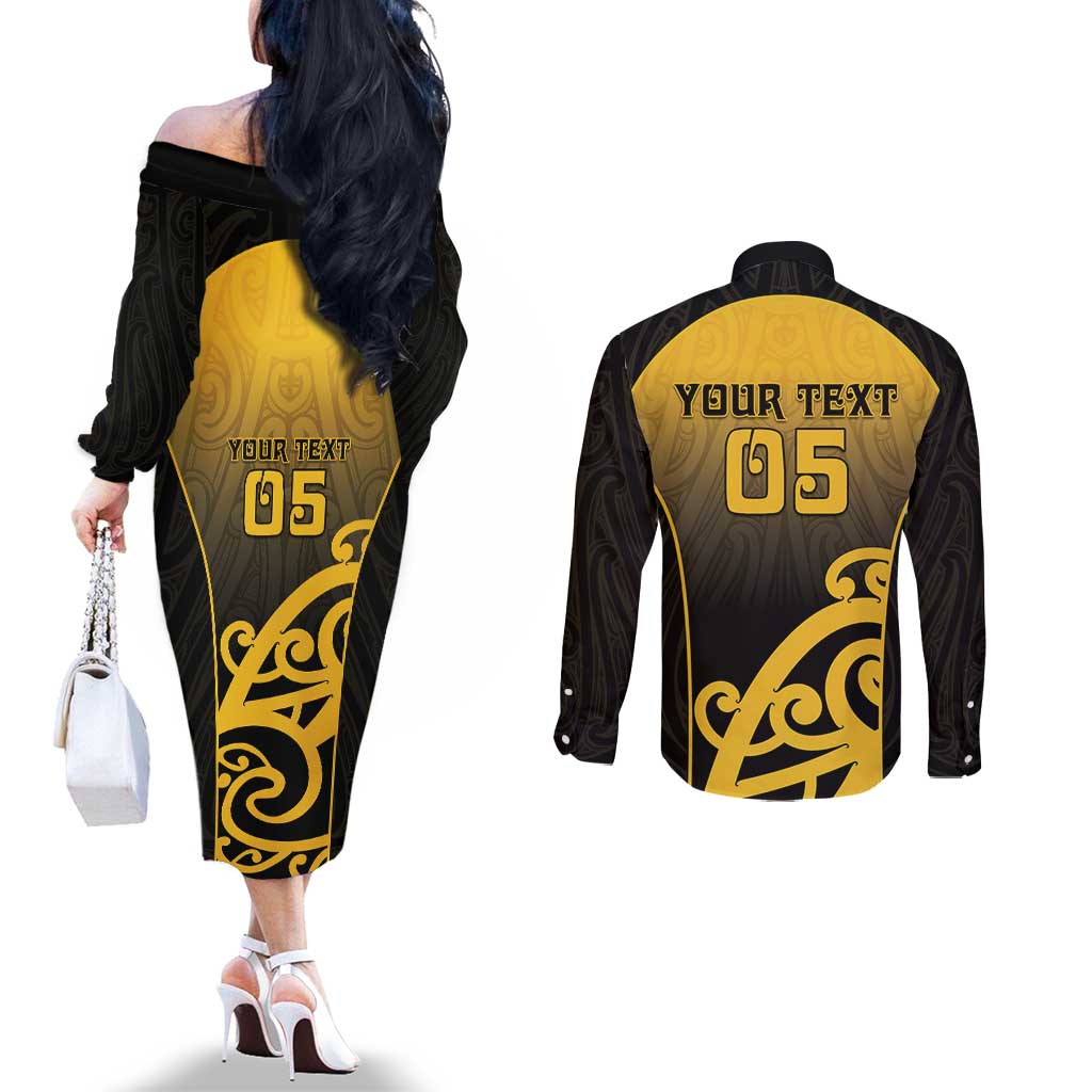 Custom Motueka High School Couples Matching Off The Shoulder Long Sleeve Dress and Long Sleeve Button Shirt Maori Koru Pattern