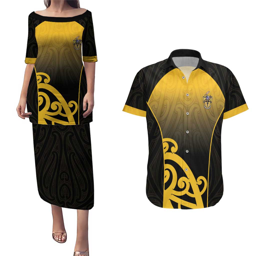 Custom Motueka High School Couples Matching Puletasi and Hawaiian Shirt Maori Koru Pattern LT05 Black - Polynesian Pride