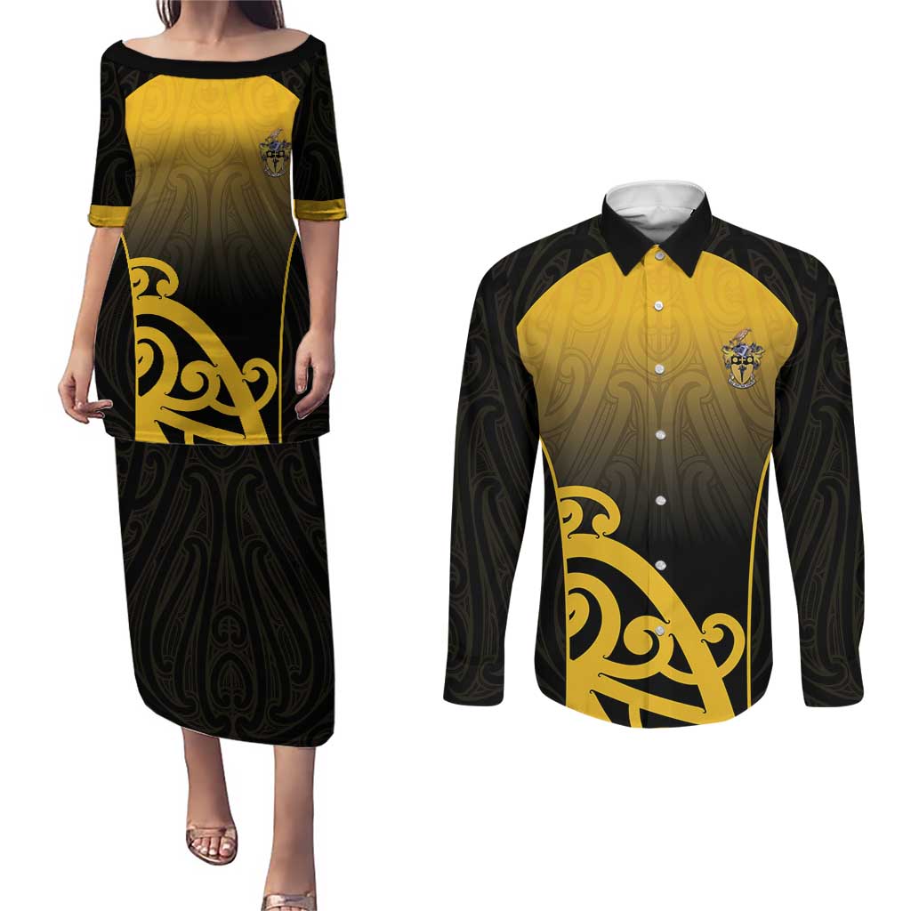 Custom Motueka High School Couples Matching Puletasi and Long Sleeve Button Shirt Maori Koru Pattern LT05 Black - Polynesian Pride
