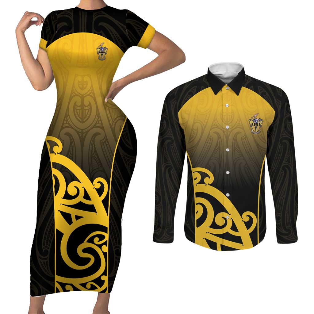 Custom Motueka High School Couples Matching Short Sleeve Bodycon Dress and Long Sleeve Button Shirt Maori Koru Pattern
