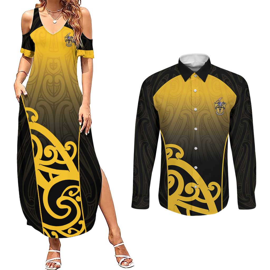 Custom Motueka High School Couples Matching Summer Maxi Dress and Long Sleeve Button Shirt Maori Koru Pattern LT05 Black - Polynesian Pride